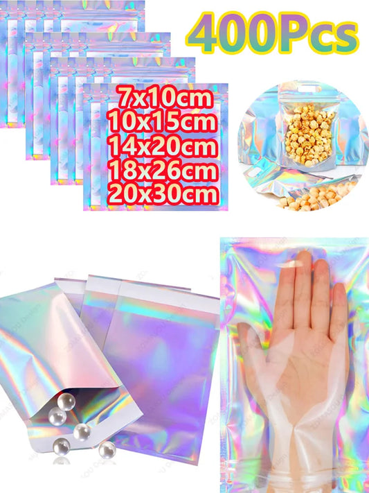 Holographic Resealable Laser Bags – Multi-Size Storage Pouches