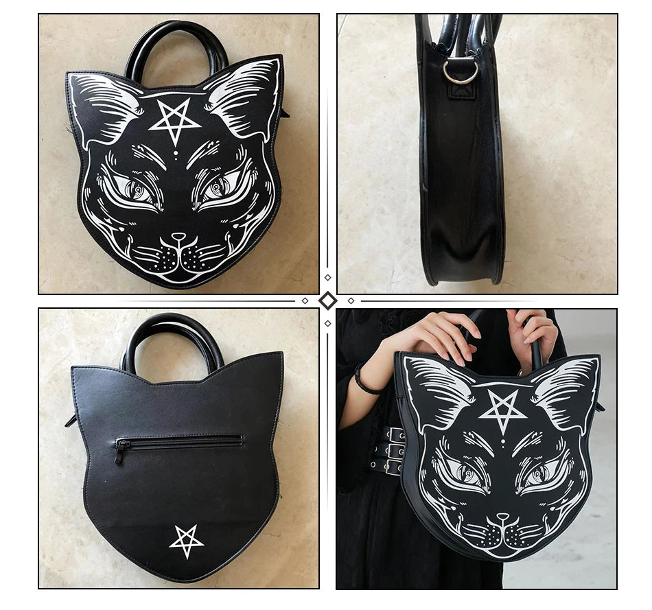 Gothic Pentacle Cat Shoulder Bag – Punk Rock Women’s Black Handbag