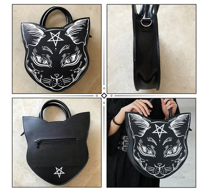 Gothic Pentacle Cat Shoulder Bag – Punk Rock Women’s Black Handbag