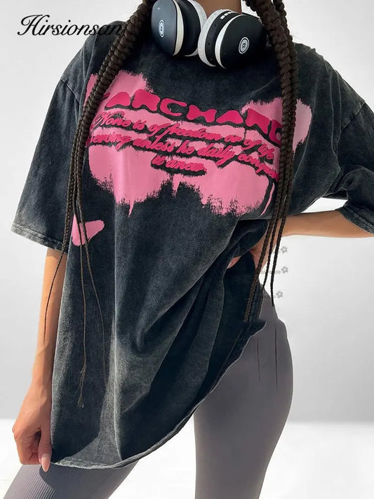 Oversized Acid Washed T-Shirt – Vintage Y2K Streetwear Tee for Women
