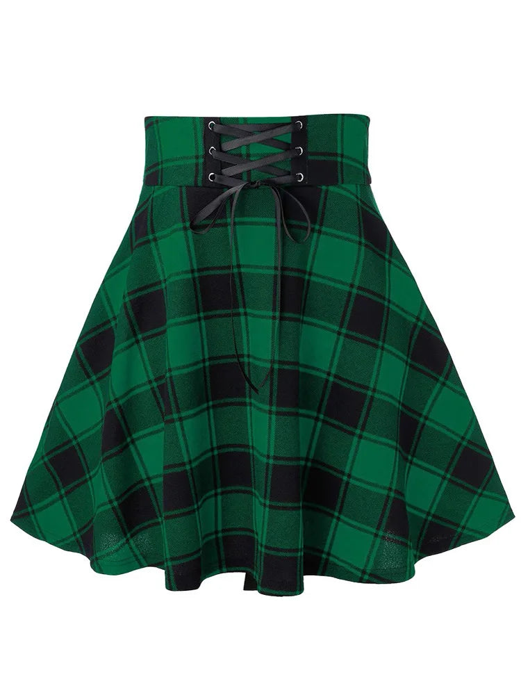 Black Checkered Pleated Gothic Mini Skirt – Punk Plaid Lace-Up Clubwear