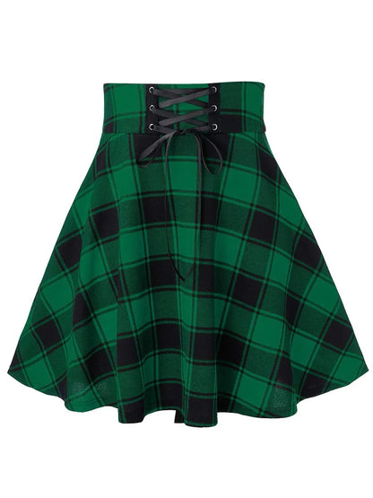 Black Checkered Pleated Gothic Mini Skirt – Punk Plaid Lace-Up Clubwear