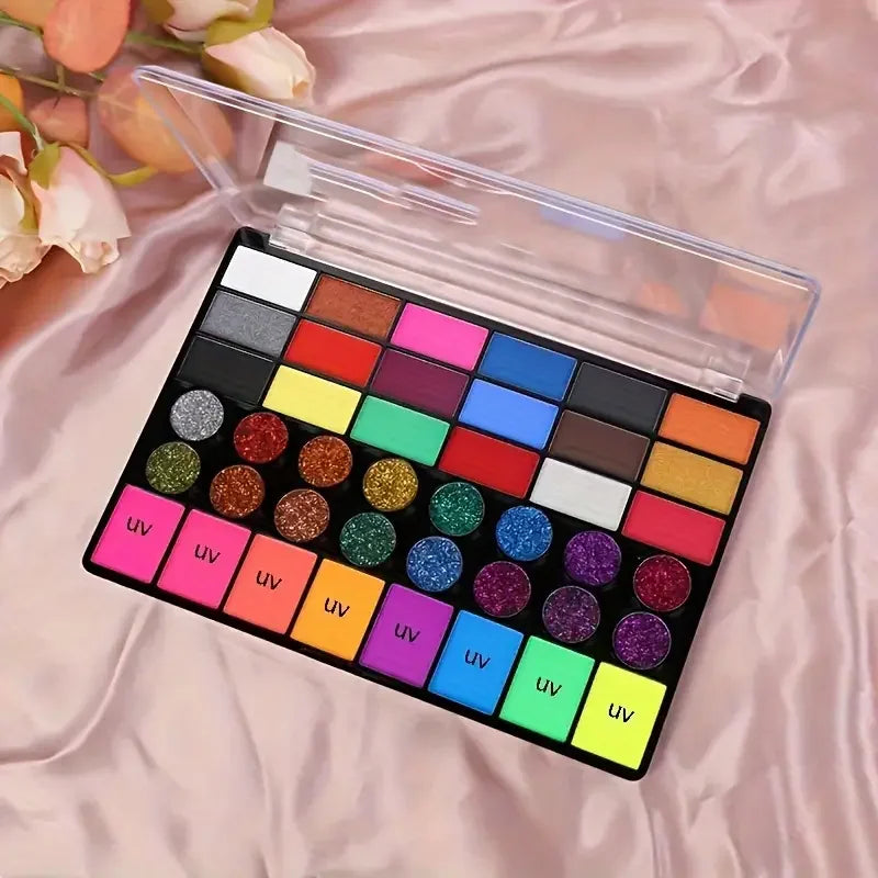 42-Color UV Neon & Glitter Face & Body Paint Palette – Water-Activated Art Makeup