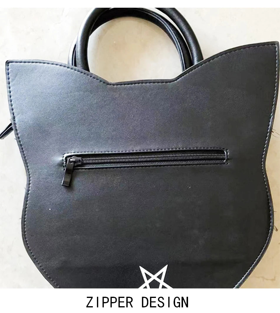 Gothic Pentacle Cat Shoulder Bag – Punk Rock Women’s Black Handbag
