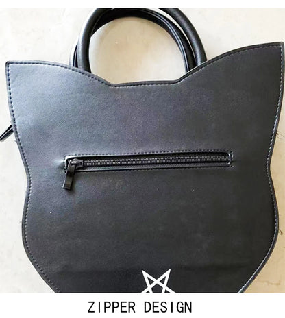 Gothic Pentacle Cat Shoulder Bag – Punk Rock Women’s Black Handbag